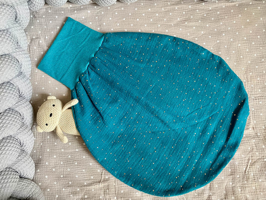 Sommer-Schlafsack aus Musselin *petrol/ goldene Punkte*
